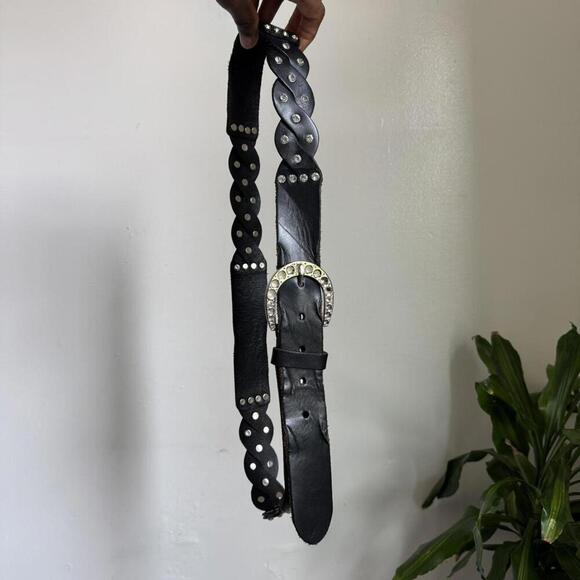 Vintage grunge Black 100% leather‎ belt with rhinestone buckle size XL
